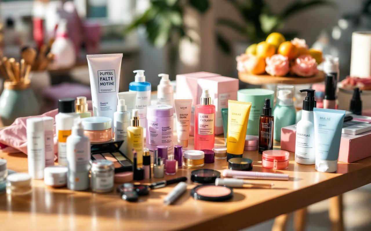 Une table de vente avec divers produits de beauté soigneusement organisés, incluant des soins de la peau et du maquillage, dans un environnement lumineux et accueillant.