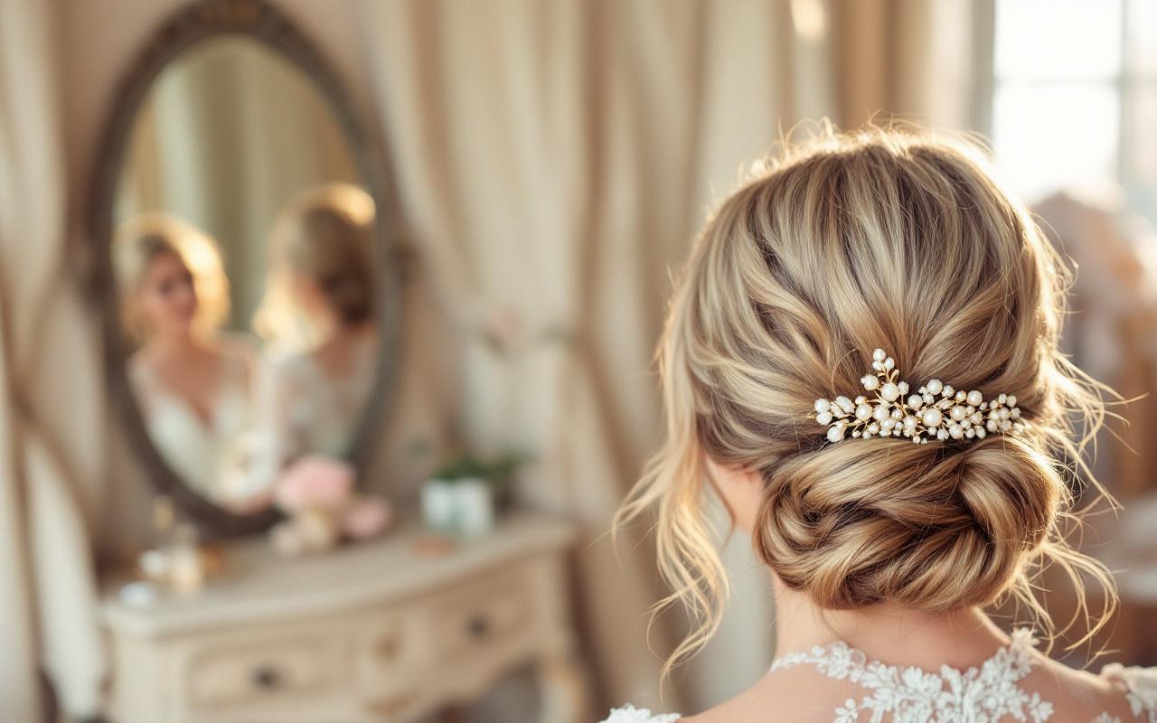 Chignon de mariage &eacute;l&eacute;gant maintenu par une &eacute;pingle d&eacute;corative, gros plan sur un bun tress&eacute; avec m&egrave;ches l&acirc;ches, arri&egrave;re-plan flou d'une coiffeuse et tissus d&eacute;licats, lumi&egrave;re chaude et ambiance intime, tons ivoire, rose p&acirc;le et vert sauge.