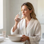 Femme adulte buvant un verre d’eau dans une salle de bains lumineuse, avec une routine beauté minimaliste et une ambiance douce.