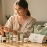Beauté et courses du quotidien à Aizenay : organiser sa routine sans perdre de temps Une jeune femme organise des produits essentiels de soins du visage et des sacs réutilisables sur une table lumineuse, avec un téléphone à l’écran neutre.