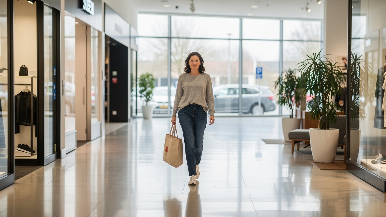 Une femme portant un cabas traverse une galerie commerciale moderne baignée de lumière naturelle, avec un parking visible au loin.