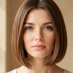 Quelle coupe au carré choisir pour des cheveux fins sans coiffage quotidien ? Portrait beauté éditorial d’une femme aux cheveux bruns fins, coiffés en carré droit à la mâchoire avec un volume naturel aux racines, éclairée par une lumière douce.