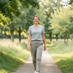 Femme détendue marchant sur un chemin dans un parc verdoyant d’Aizenay, baigné d’une lumière douce.