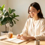 7 habitudes pour cultiver le bien-être quotidien à Aizenay Une jeune femme souriante profite d’un rituel de bien-être avec une tasse de thé, une plante verte et un carnet vierge dans un intérieur lumineux et apaisant.