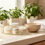Routine visage : les 7 essentiels adaptés à votre peau Salle de bain lumineuse présentant une routine complète de soins du visage, des textures crémeuses, des serviettes blanches et des plantes vertes dans une ambiance douce et naturelle.