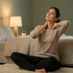 Rituel détente 15 minutes : la routine simple pour relâcher la nuque et mieux dormir Une femme se détend dans une chambre paisible en étirant doucement sa nuque et ses épaules avant de dormir.