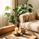 Routine bien-être à la maison : 6 rituels simples pour s’apaiser Coin détente lumineux avec tapis de yoga, bougie allumée, tisane fumante et plantes vertes.