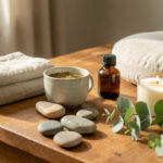 7 rituels bien-être à la maison pour apaiser le corps et l’esprit Coin bien-être apaisant à la maison avec sept éléments de détente disposés sur une table en bois, dans une lumière douce et naturelle.